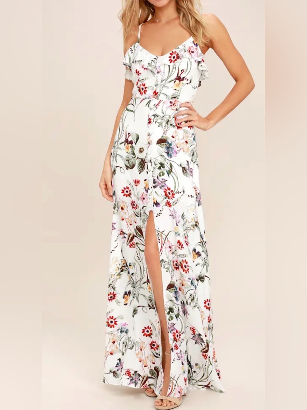 Lulus Bloom On ivory floral maxi dress, medium